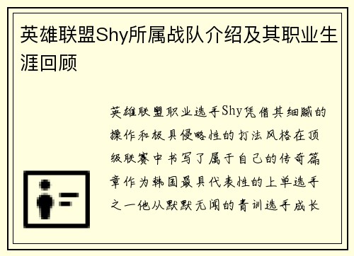 英雄联盟Shy所属战队介绍及其职业生涯回顾