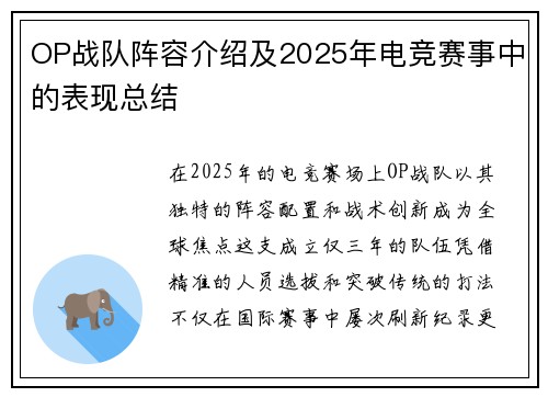 OP战队阵容介绍及2025年电竞赛事中的表现总结